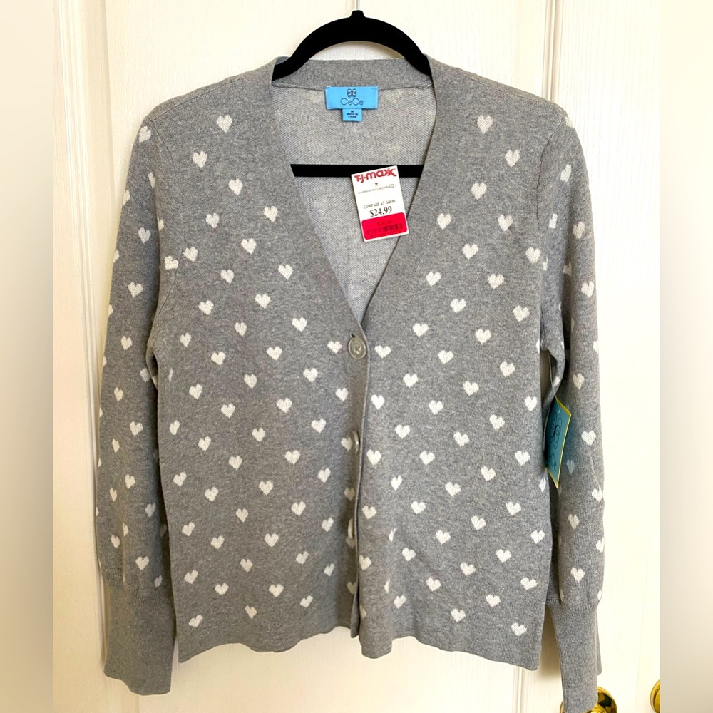 NWT CeCe cardigan, Size M, gray with white hearts.